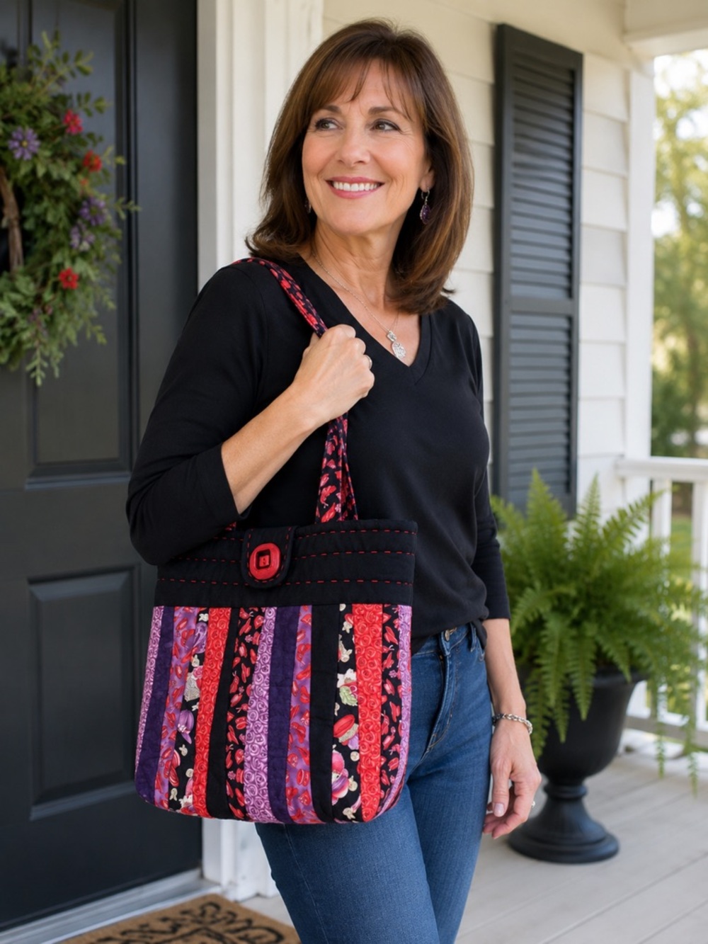Handmade Quilted Red Hat Society Tote Bag Purse Black Purple Red